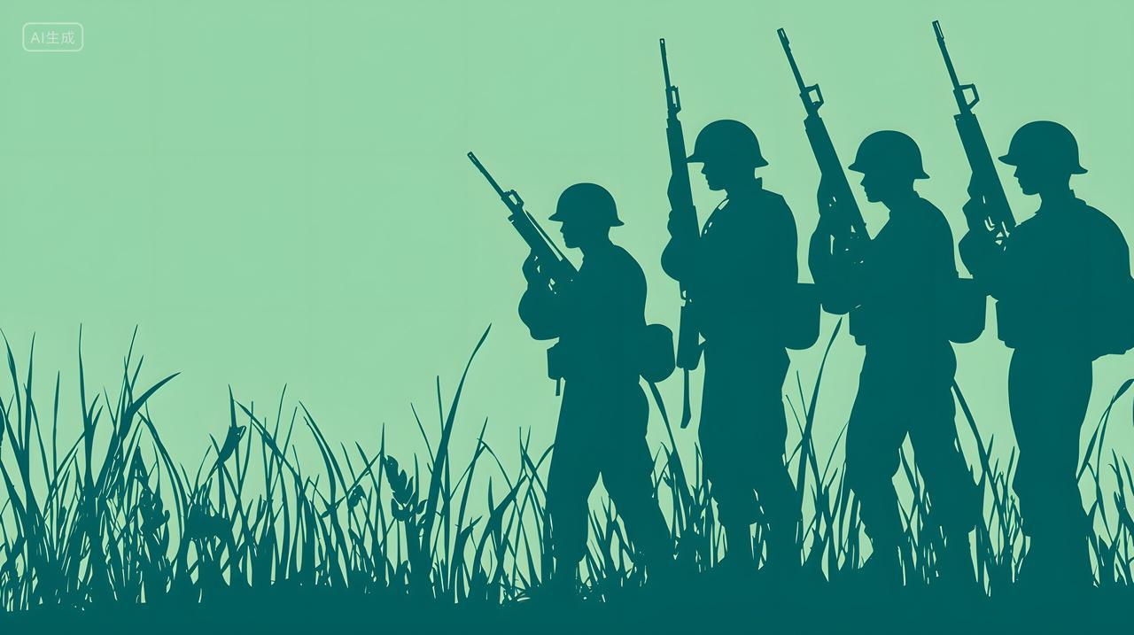 士兵穿过草地剪影