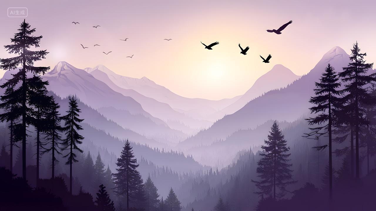 黄昏时分宁静山景与飞鸟