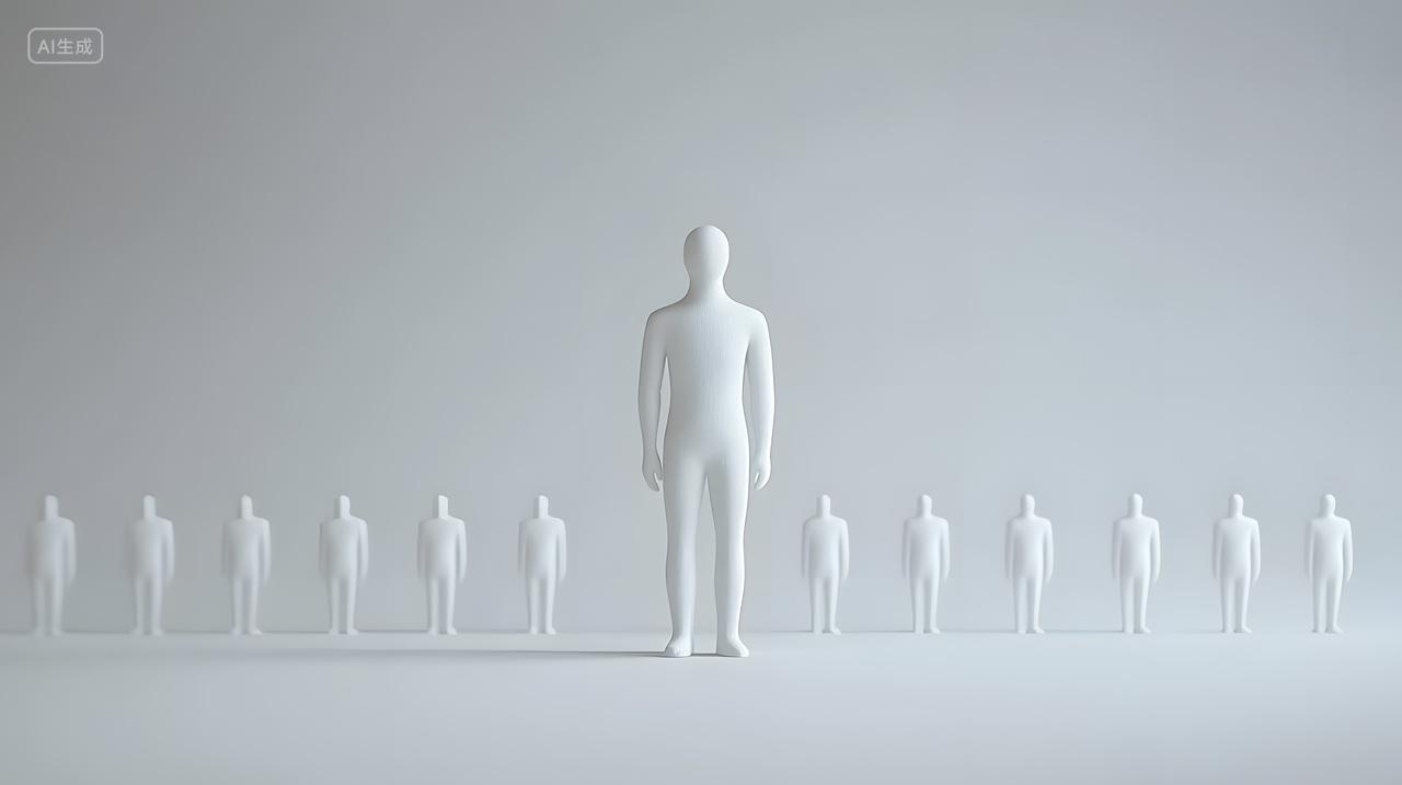 白色轮廓中一个孤独身影格外引人注目