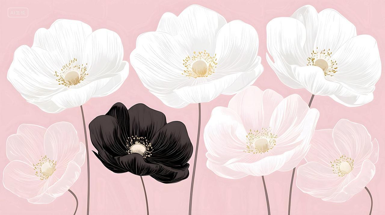 优雅花卉插图以白色和黑色花朵为特色