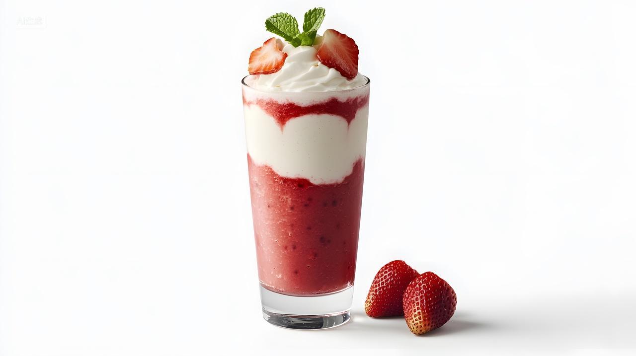 草莓奶油分层冰饮薄荷装饰白底图