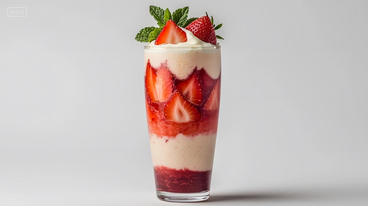 草莓奶油分层饮品薄荷装饰白底图