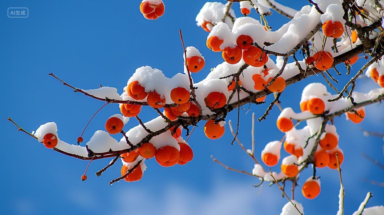 霜降节气小雪冬天雪景柿子熟了积雪