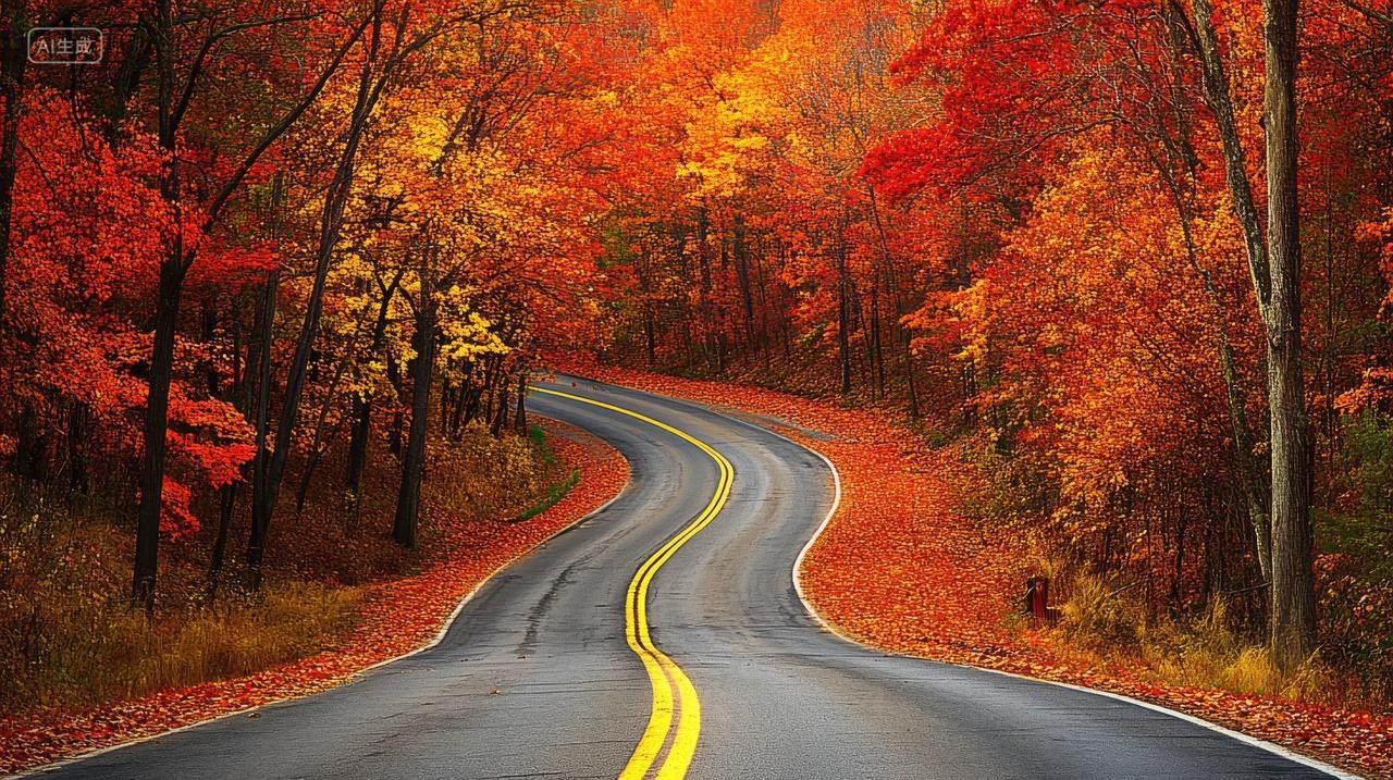 深秋枫叶公园道路红枫树秋叶秋色秋景壁纸
