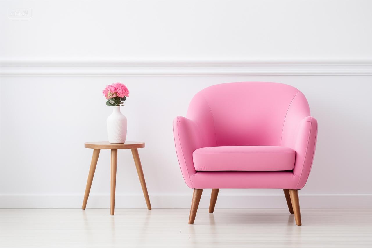粉色扶手椅与花瓶的简约搭配白色墙壁