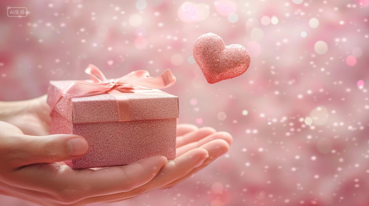 感恩节双手捧着礼物盒心形飘出粉色渐变海报背景温馨平安插画