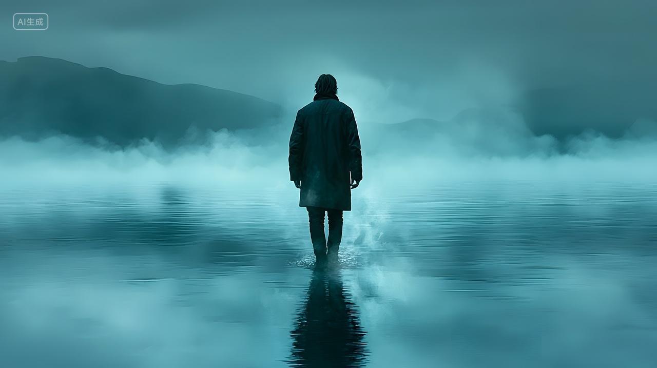 黄昏时分孤独身影在雾气弥漫水面上跋涉