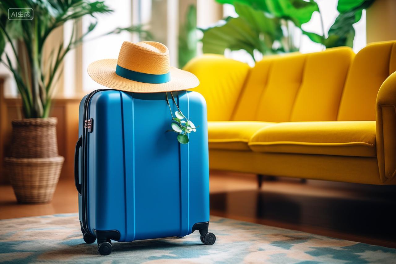 蓝色行李箱与夏日风情旅游度假