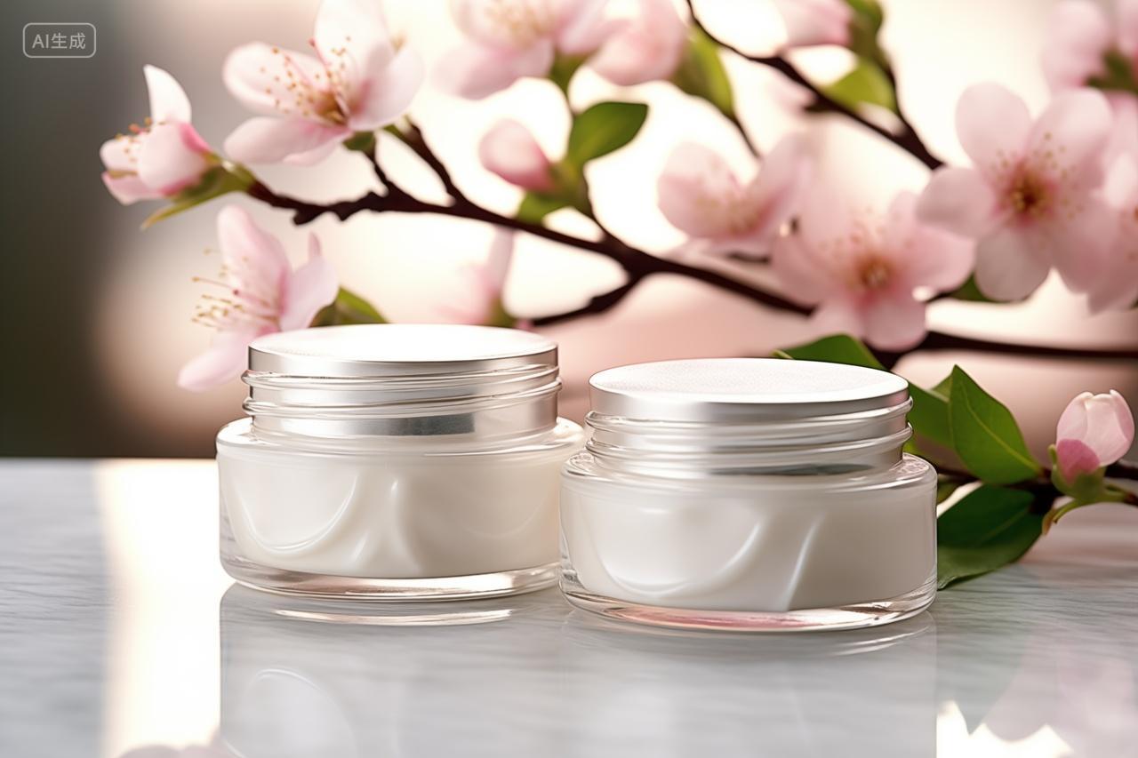 桌子上的护肤品面霜和桃花
