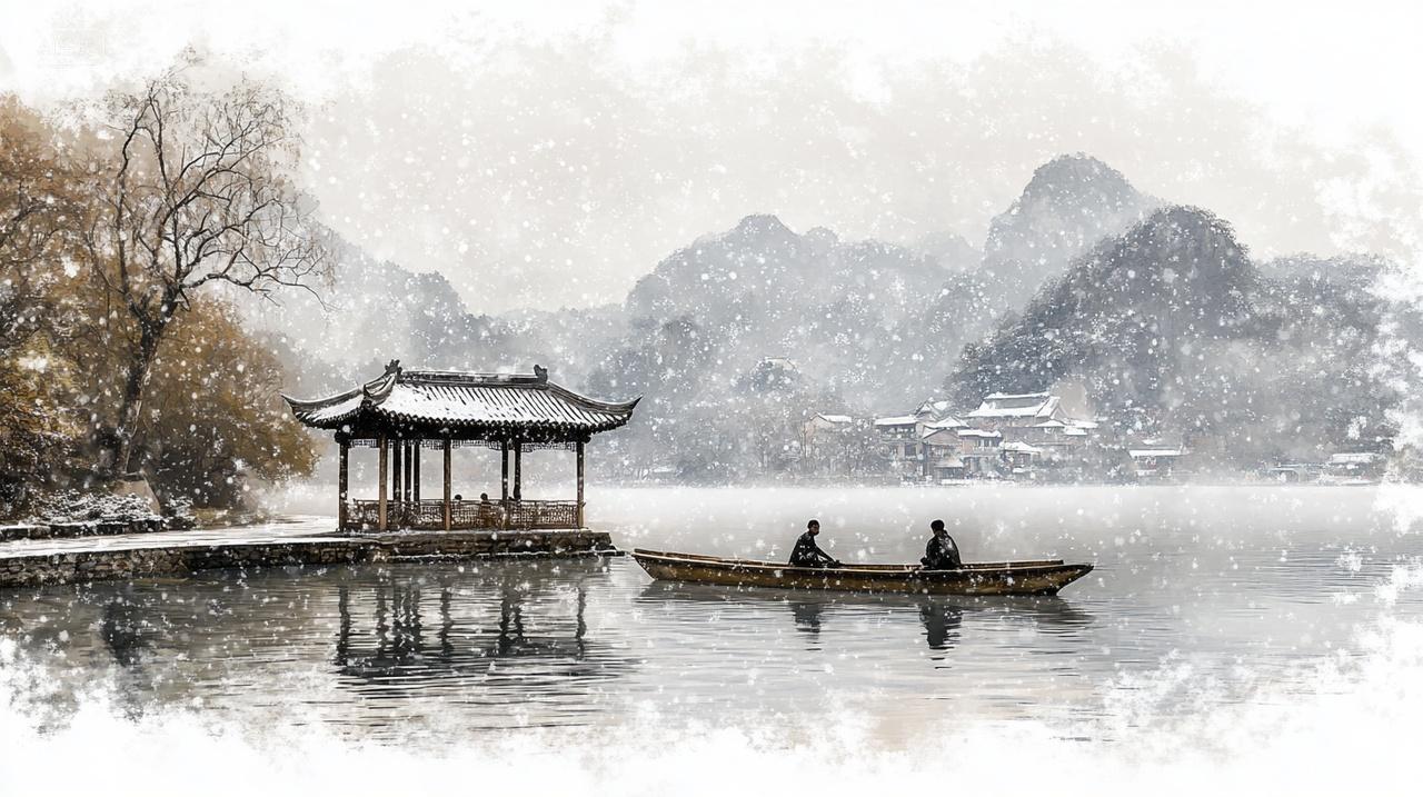 冬季霜降雾气亭子山地雪覆盖船古代人船上立冬冬至小雪大雪插画