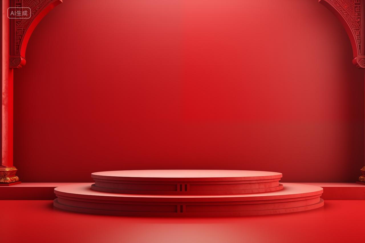 3D演播室红色圆形展场背景梯度地面底座