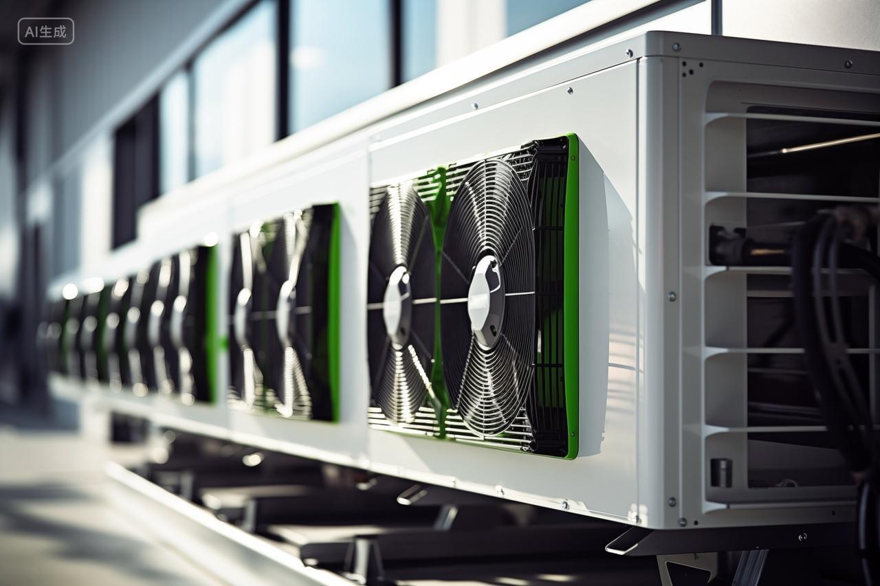 大型工业空调设备建筑物墙上发动机螺旋桨