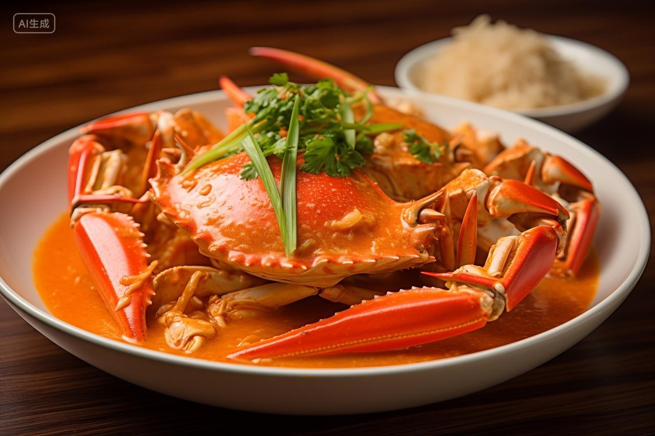 放在桌上的一盘红烧螃蟹和一碗蒜末食物美食海鲜