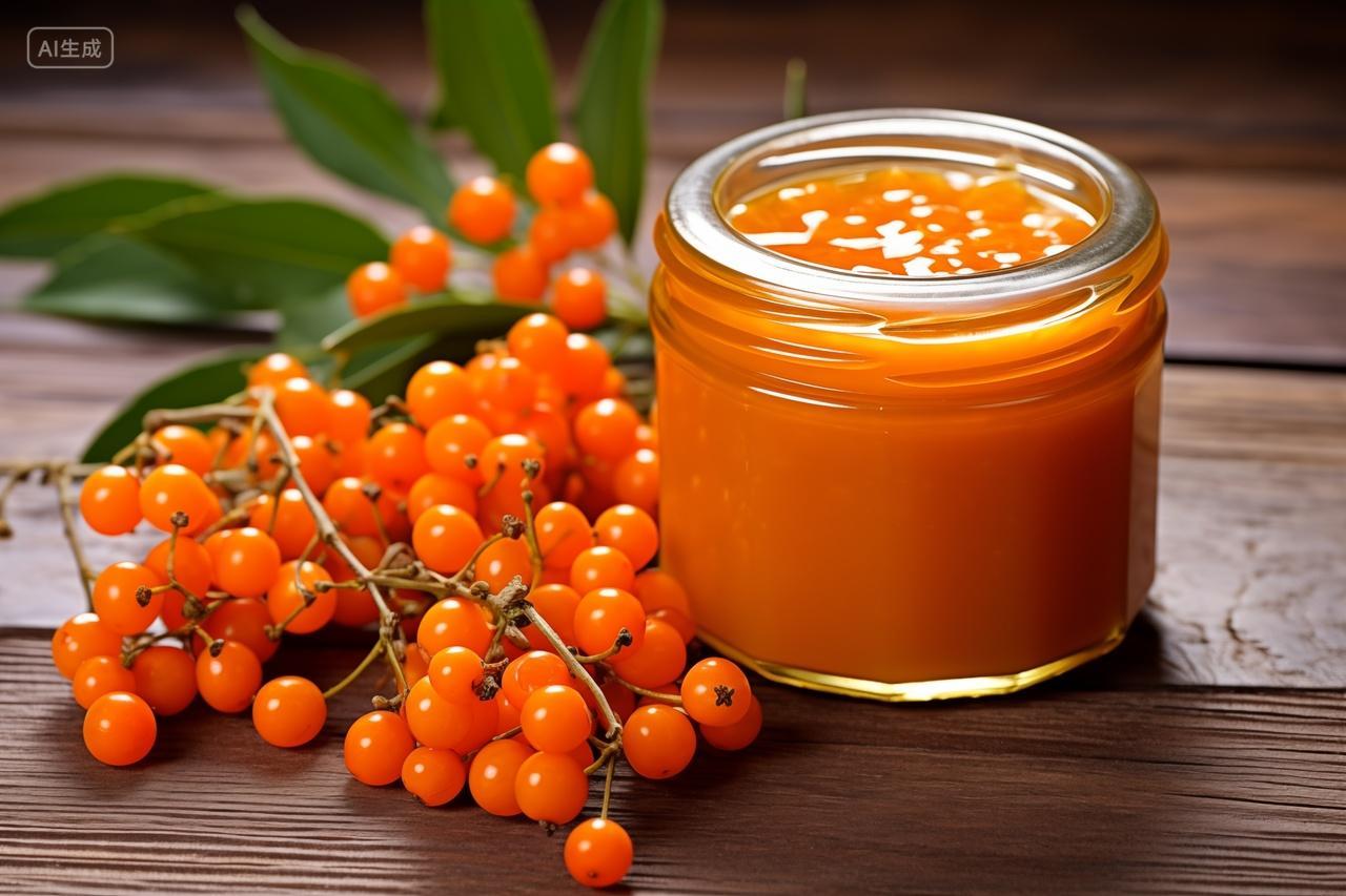 桌面上新鲜采摘的水果沙棘原浆