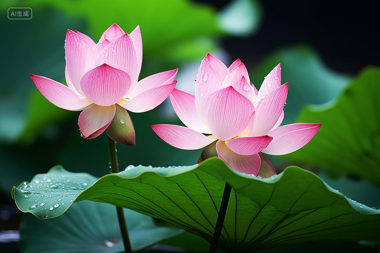 池塘里盛开的美丽莲花植物碧绿白色静脉