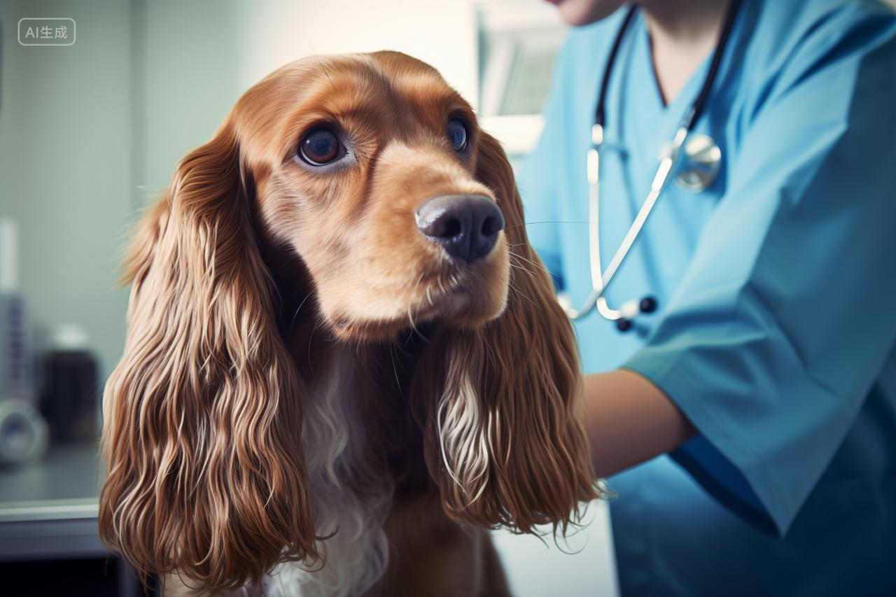 年轻兽医正在给狗狗检查身体
