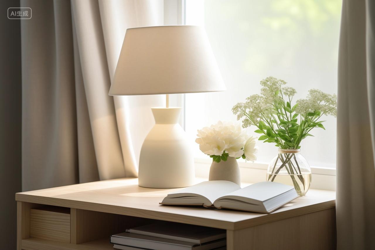 家居简约设计窗前书桌台灯书籍