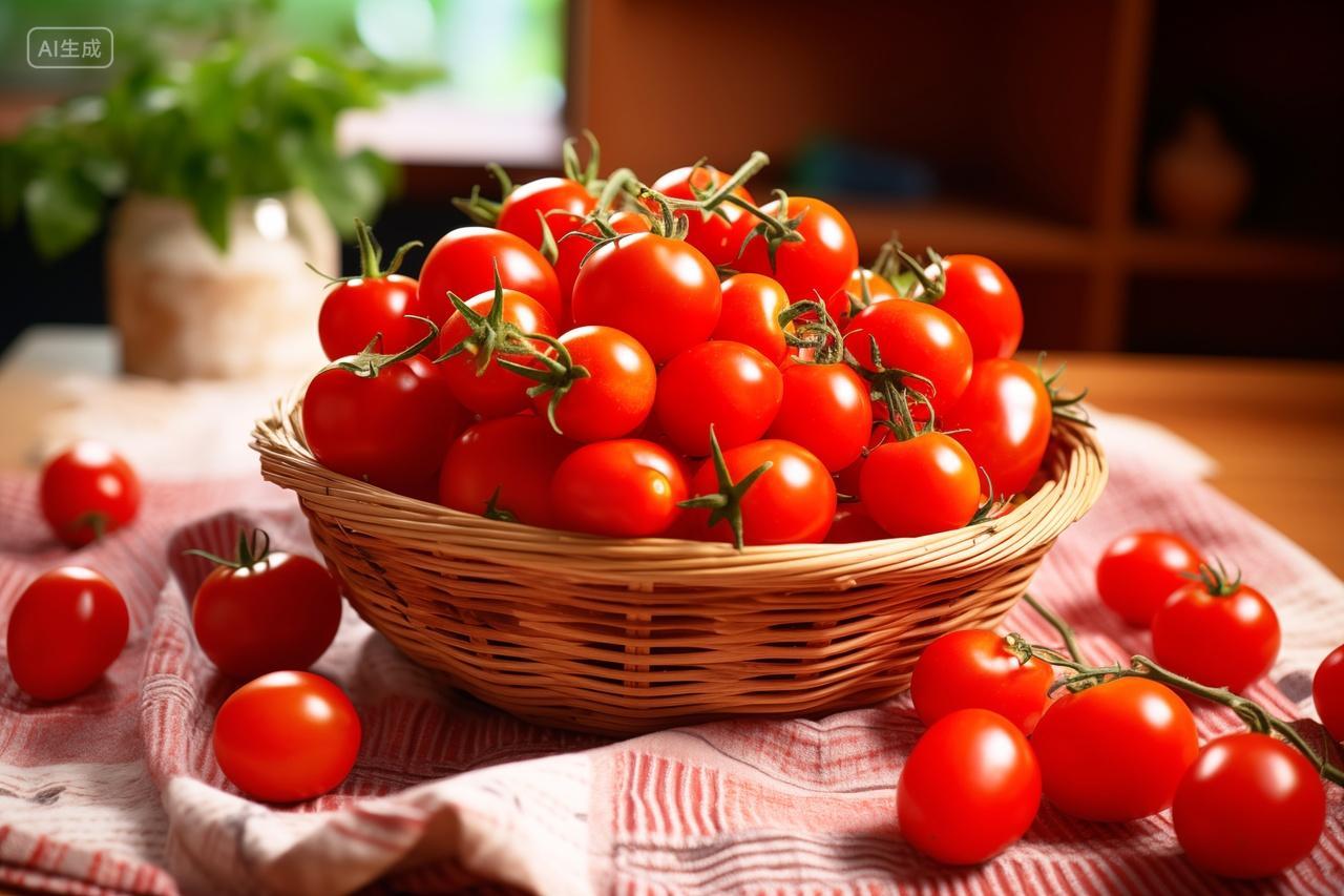 桌面上竹框里堆满新鲜的小西红柿圣女果