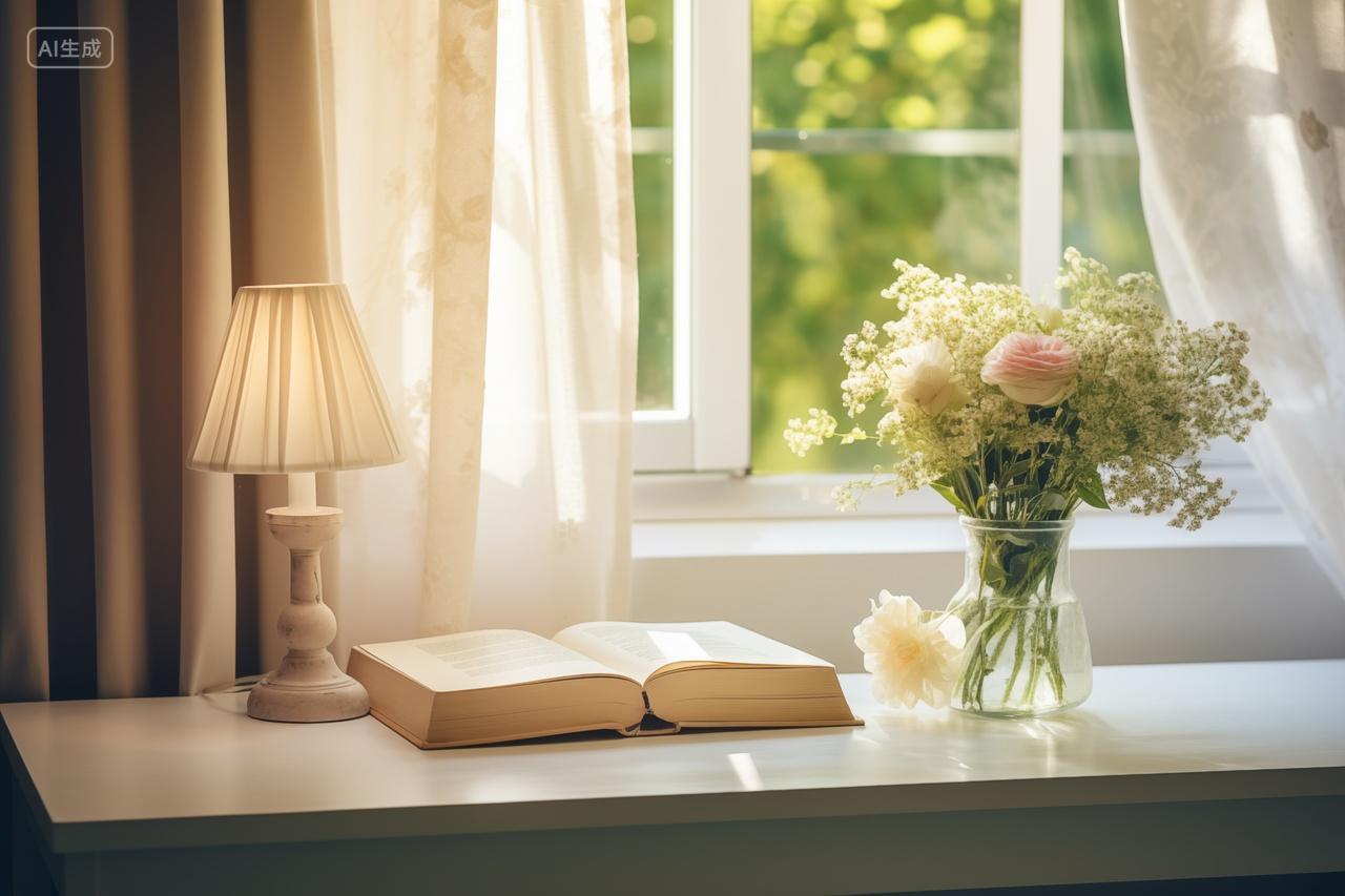 家居简约设计窗前书桌台灯书籍