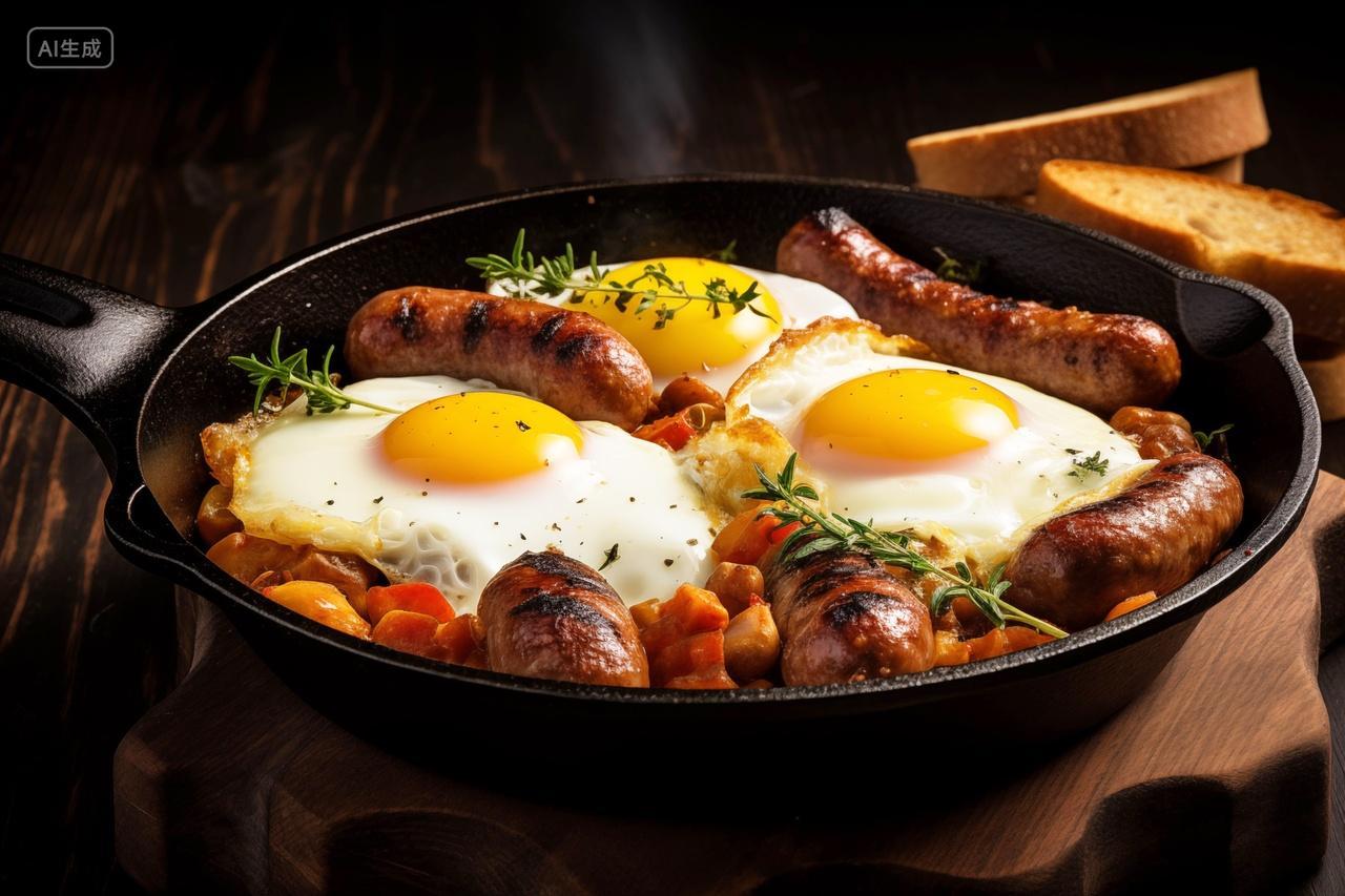 一碗加了煎蛋和烤肠的汤面美食食物餐饮