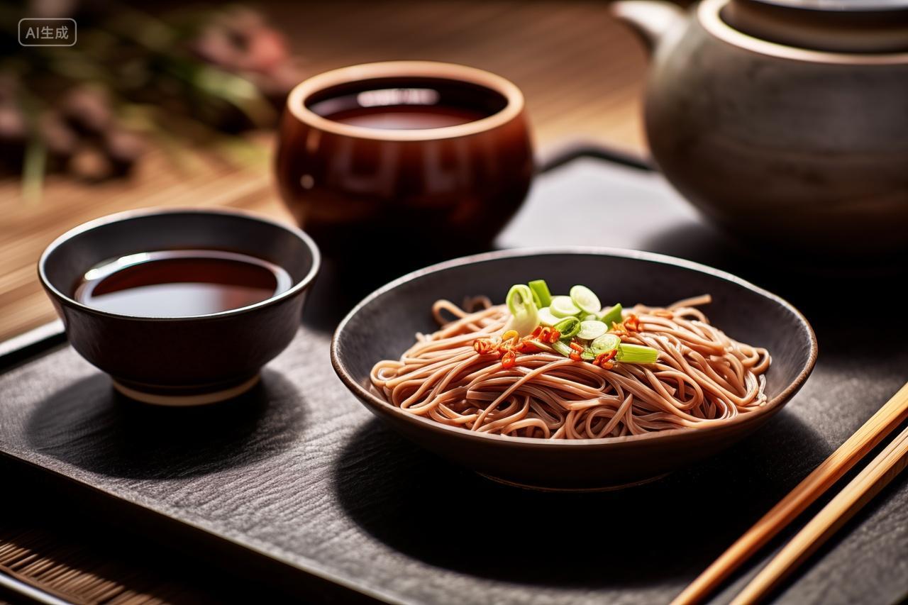 桌面上摆放这一碗面和茶壶杯子美食美食