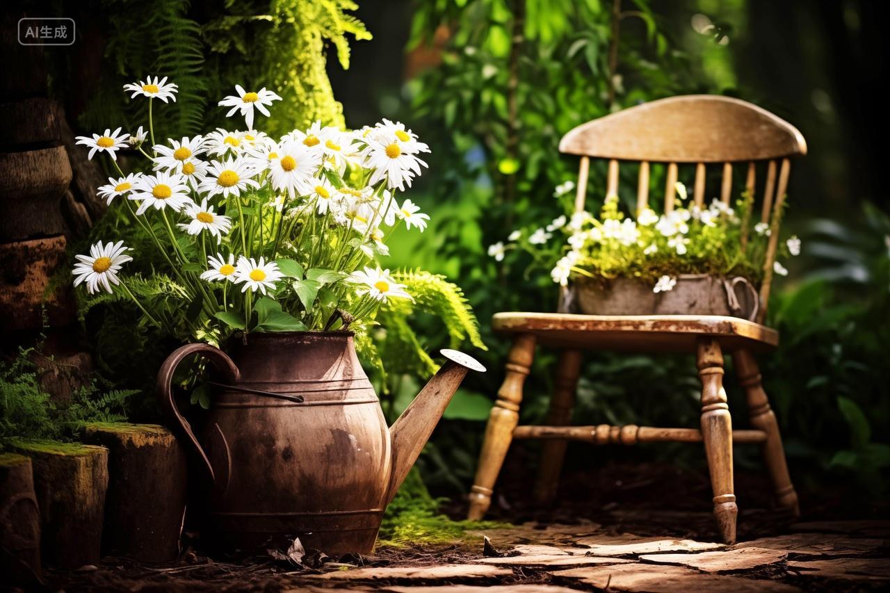 花园一角茶壶里种植的花和一把木椅