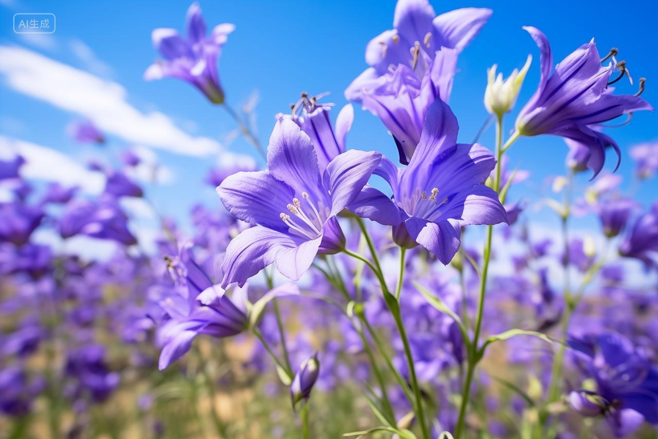 秋天植物盛开的风铃草紫色花海蓝色花朵