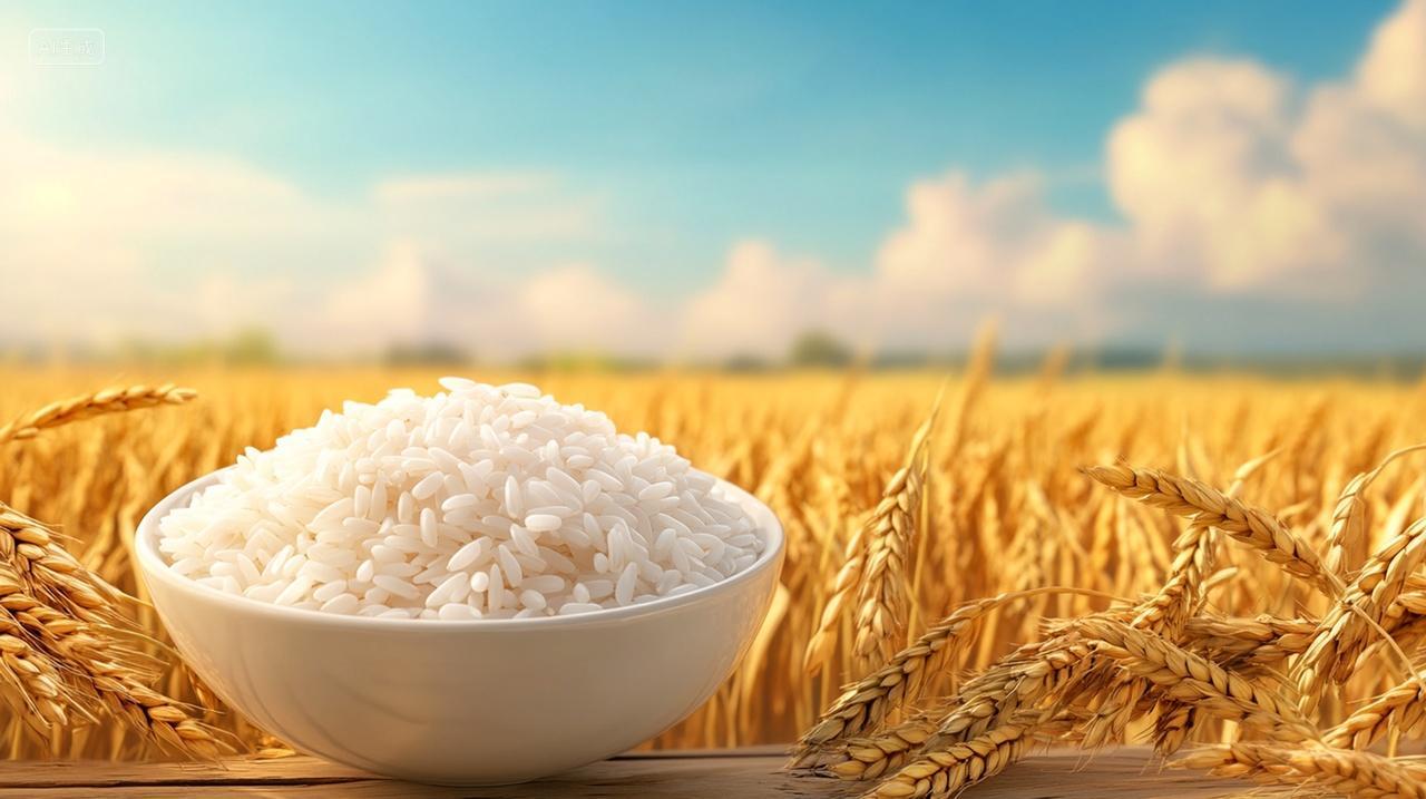 秋季金黄色稻田背景前的一碗白米饭农作物实拍