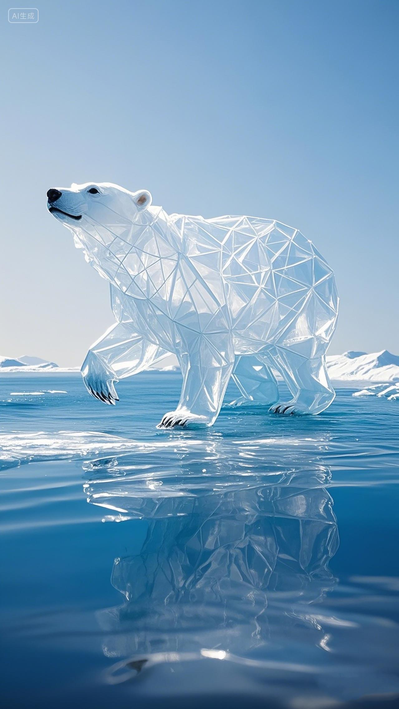 一只漂浮在海面上的塑料袋制成的北极熊环保插画