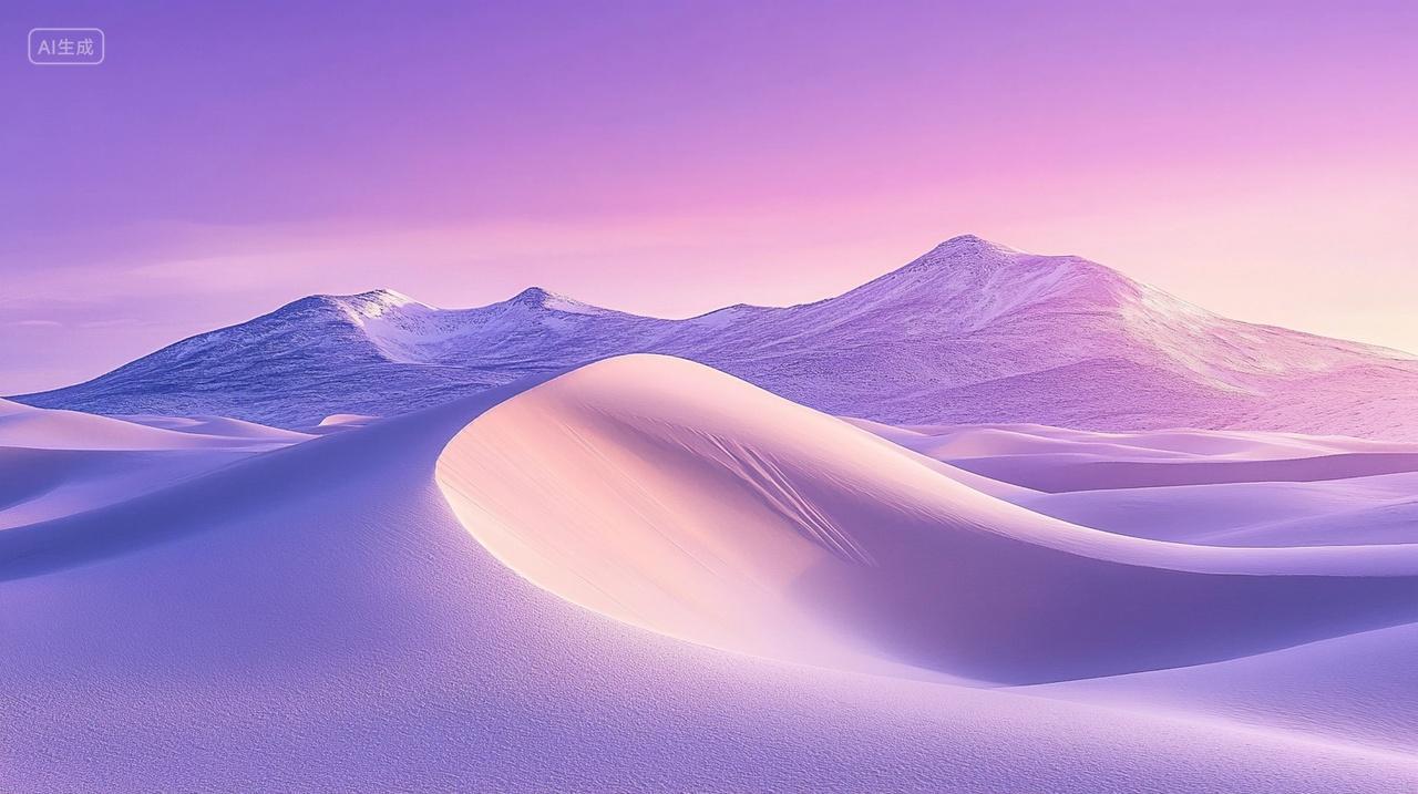 梦幻沙丘远处雪山简单背景紫色粉色渐变天空宁静背景插画