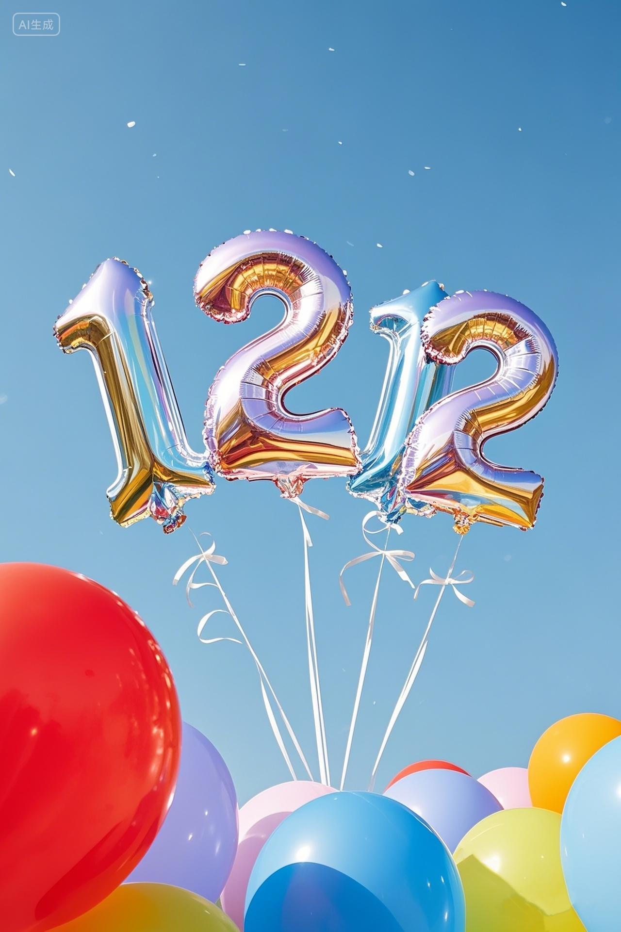 五颜六色的半透明镭射反光质感的气球组成4个数字1212