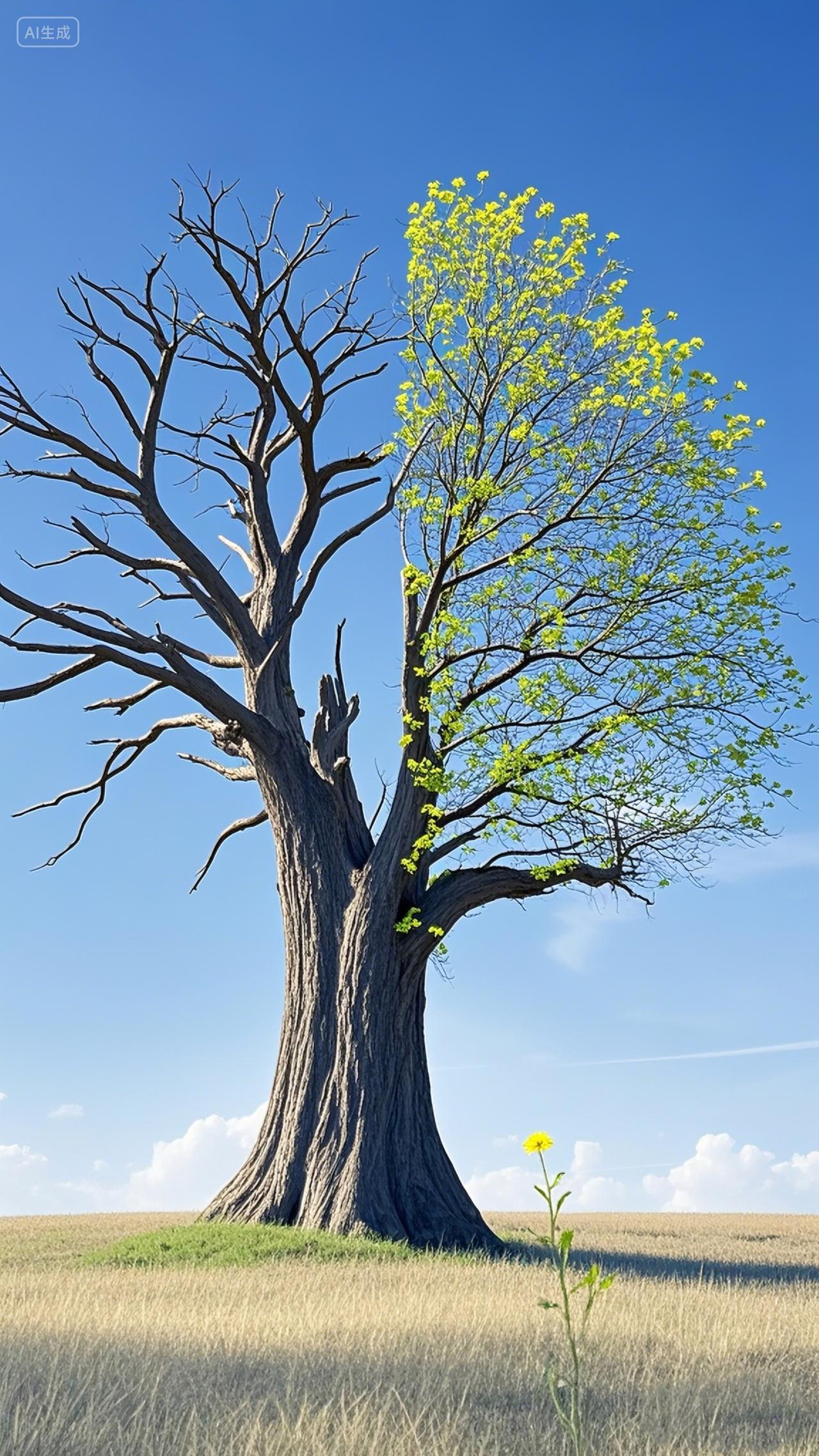 蓝天下一颗很大的大树分为两半左枯树枝新芽