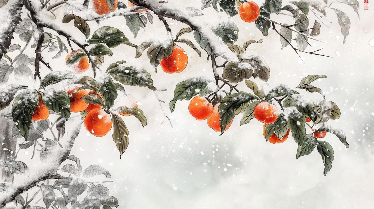 立冬柿子绿叶橙柿覆雪霜极简水墨画冬季冬天冬至小雪大雪古风插画