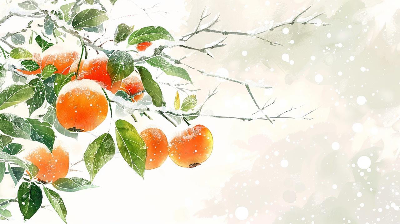 冬季柿子绿叶橙柿雪霜古风国风极简水墨立冬冬至小雪大雪小寒大寒渐变插画