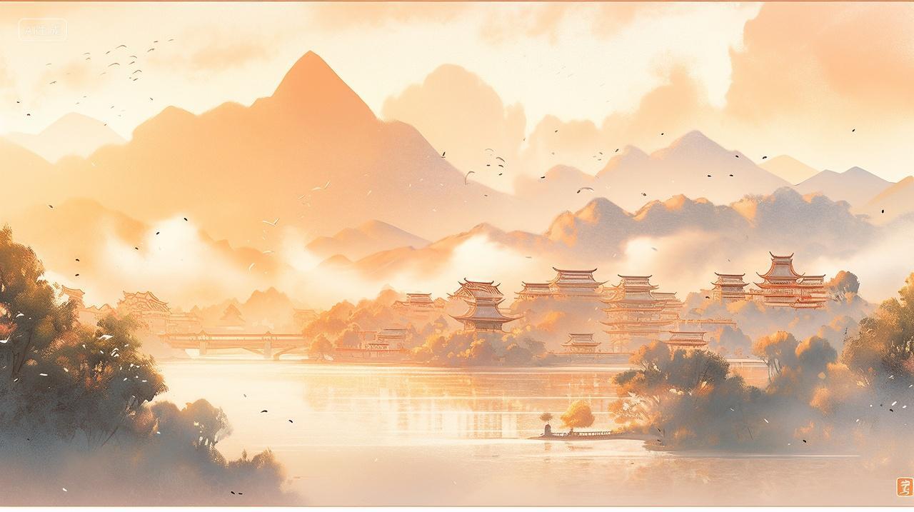 秋季金黄色的山野云雾缠绕湖泊小桥山脉宁静古风国风秋分渐变插画