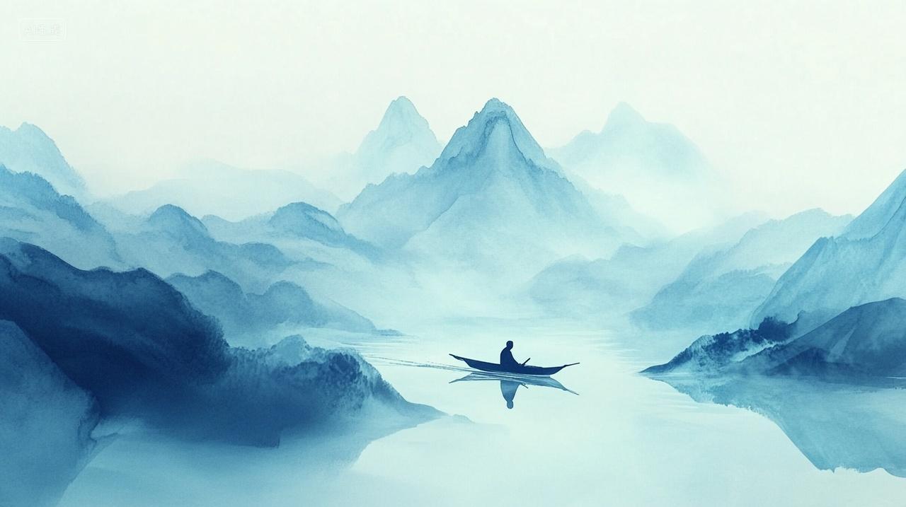 水墨青色山脉河中划船男子流动线条宁静和谐古风国风渐变插画