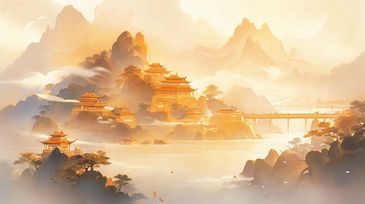 秋季金黄色的山野云雾缠绕湖泊小桥山脉宁静古风国风秋分渐变插画