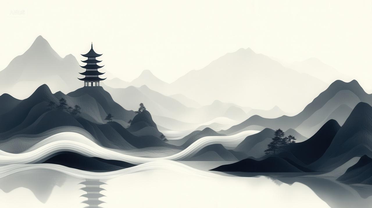 简约中国风水墨山水和塔楼
