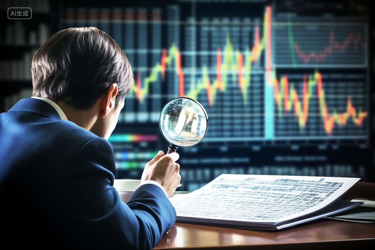 商务手拿放大镜观察股市行情的商人