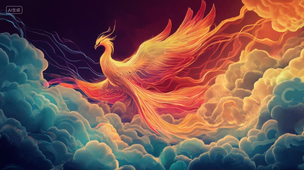 祥云上展翅的凤凰