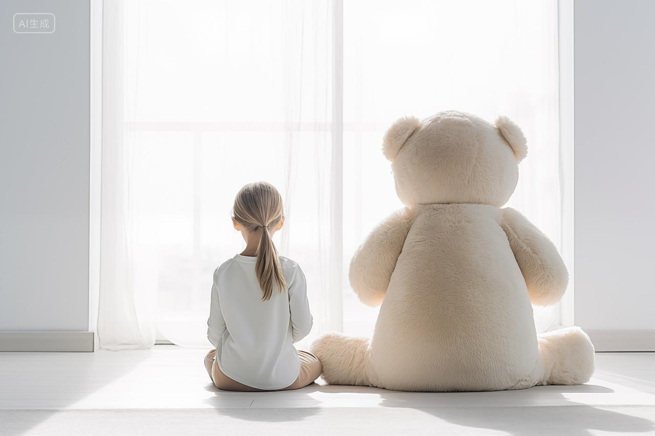 小女孩和小熊坐在窗户旁