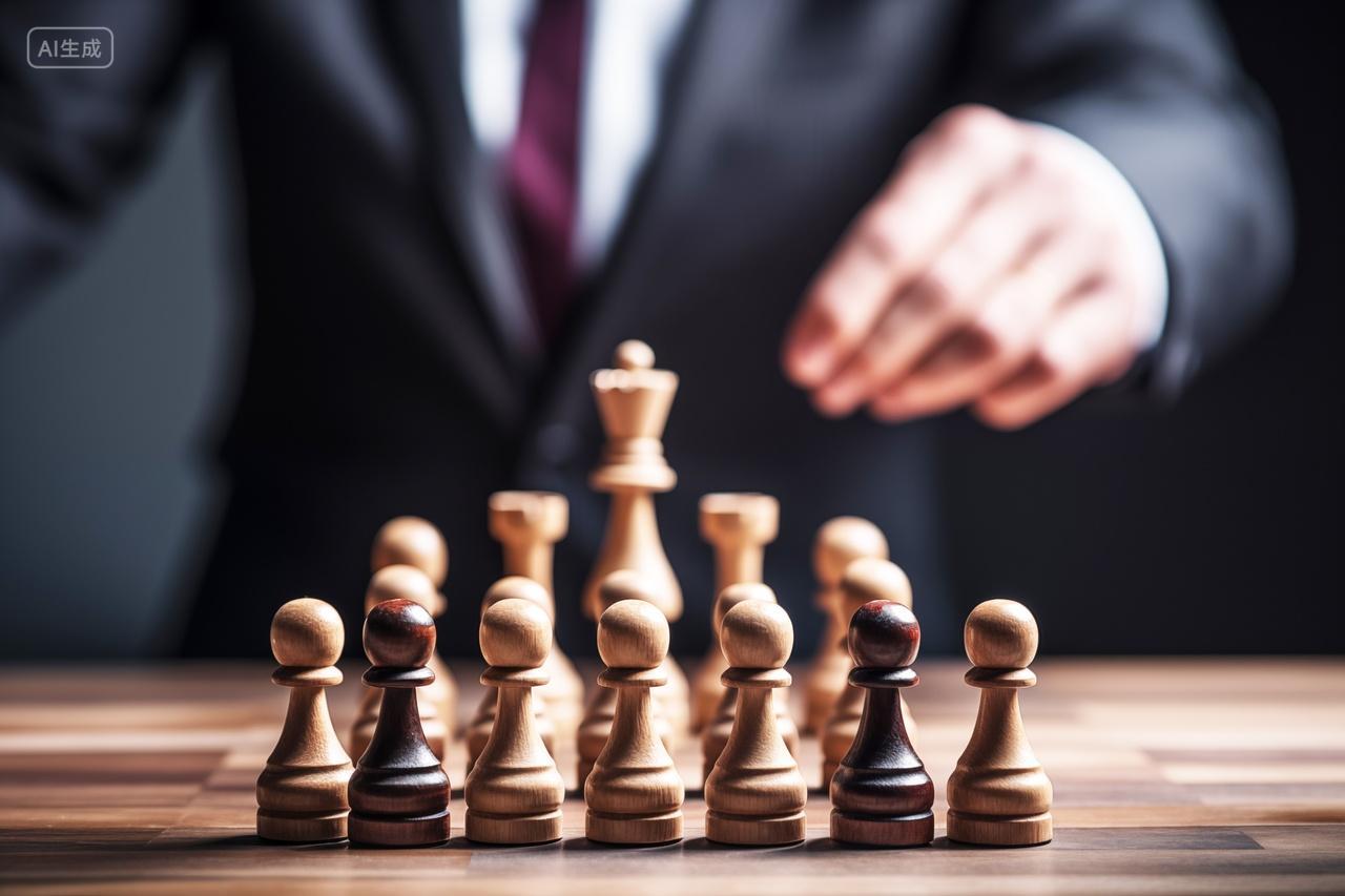 商务西装男手拿国际象棋棋子