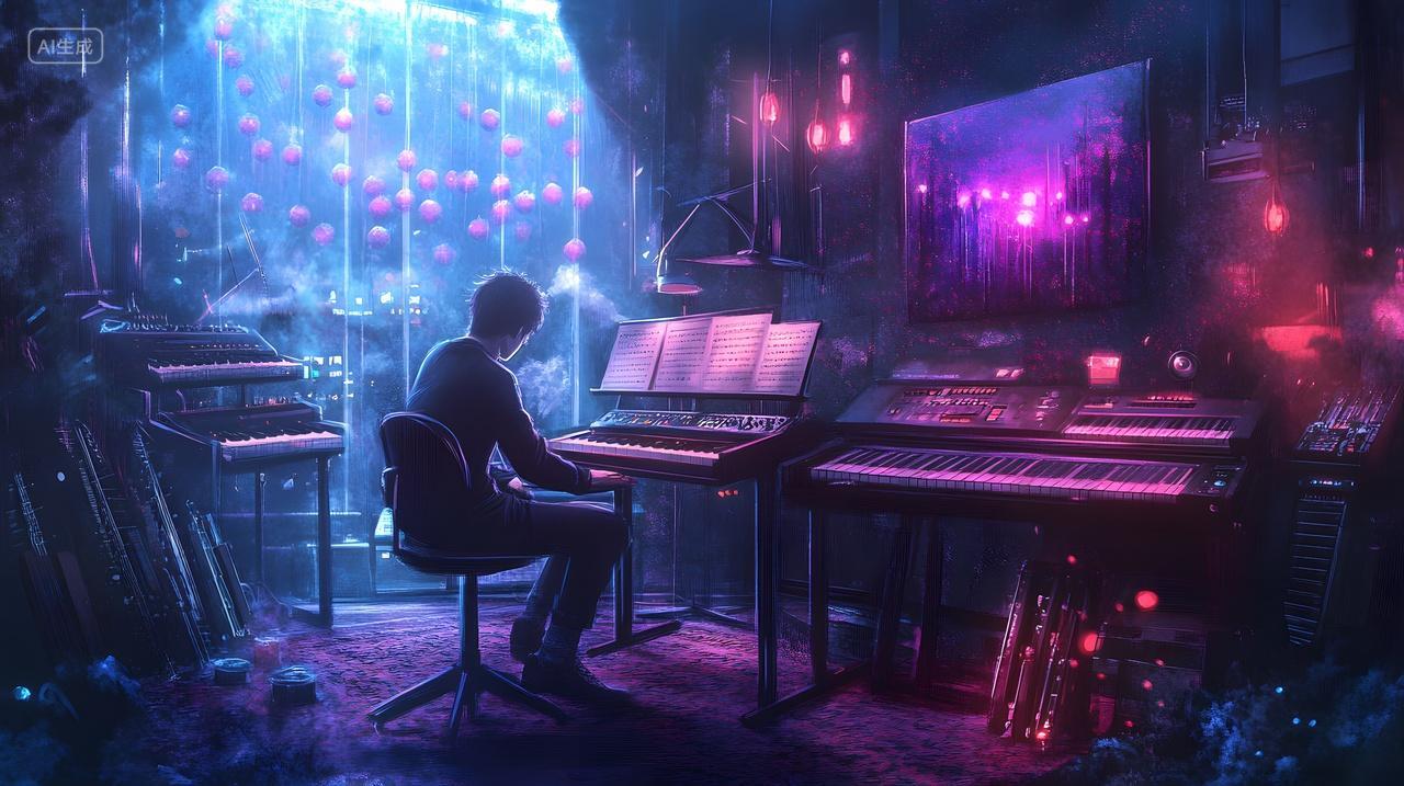 音乐家在霓虹灯闪烁工作室中创作电子音乐