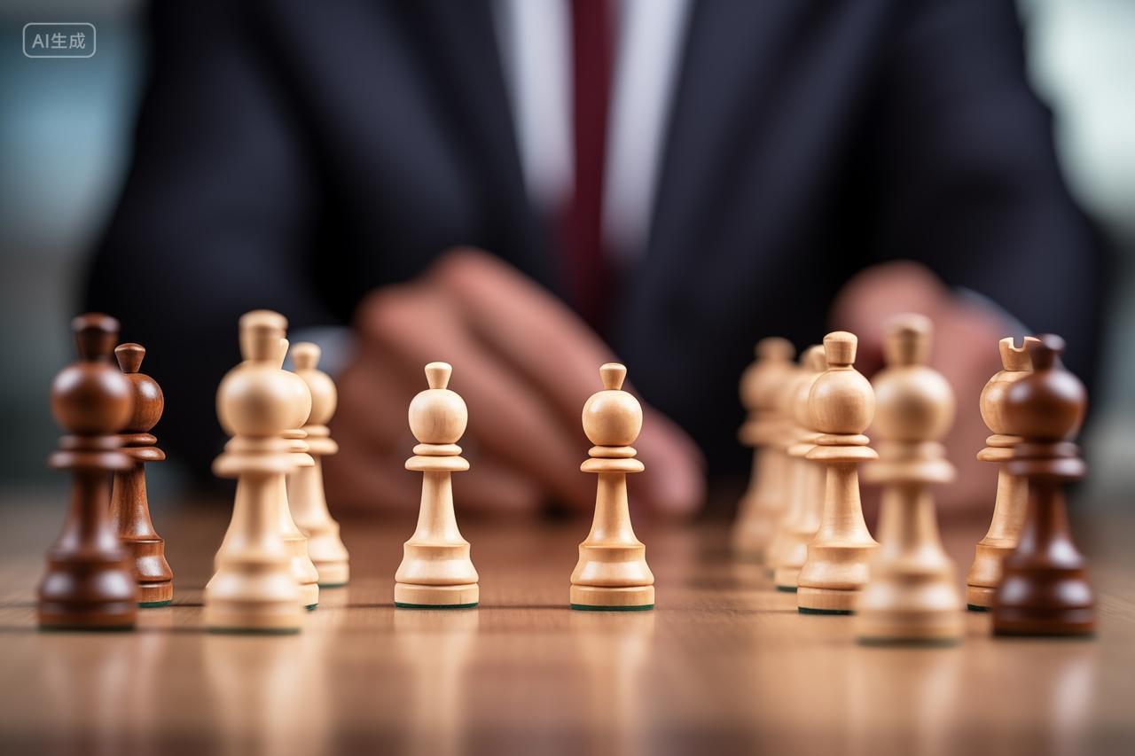 商务西装男模糊背景上的国际象棋