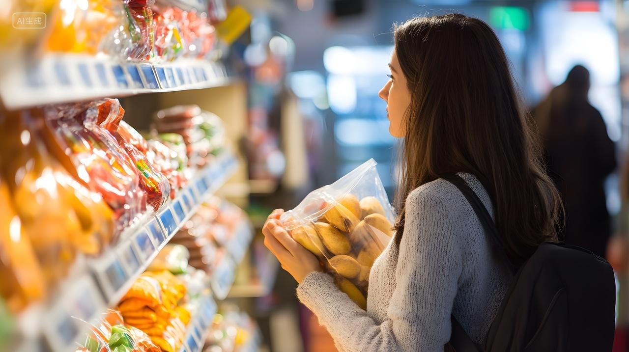 年轻女子在商店购买新鲜农产品