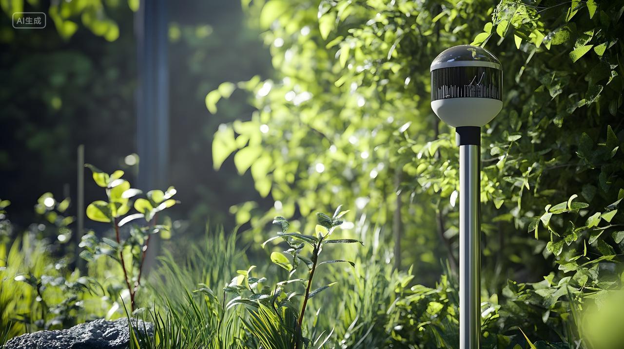 郁郁葱葱绿色植物中太阳能花园灯