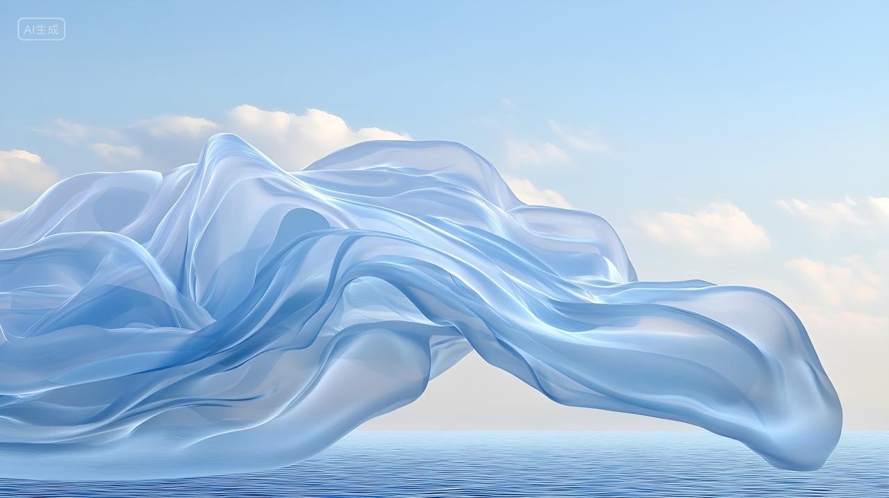 轻盈飘逸的蓝色丝绸轻纱飘动梦幻背景图