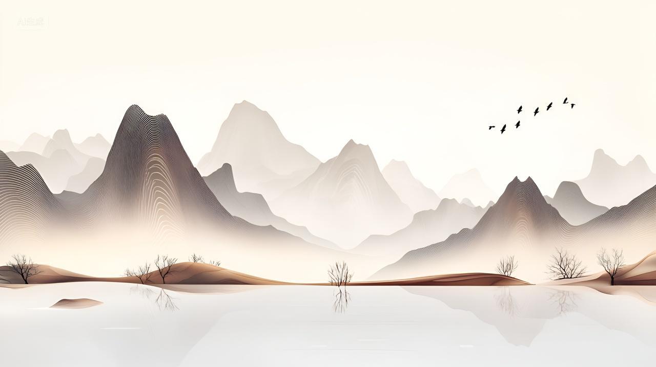 山水水墨插画水面倒影插画意境美