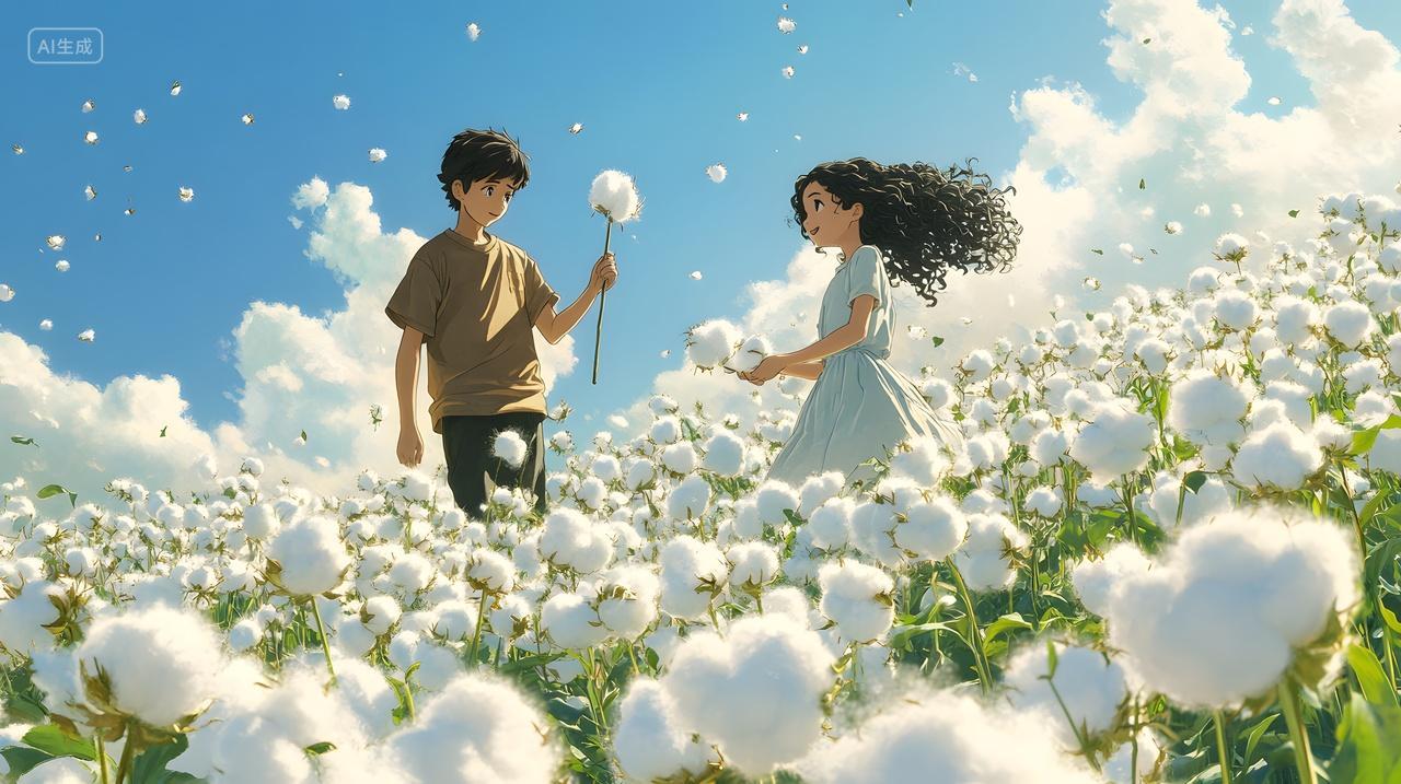 棉花田中玩耍的孩子们卡通插画田园风光