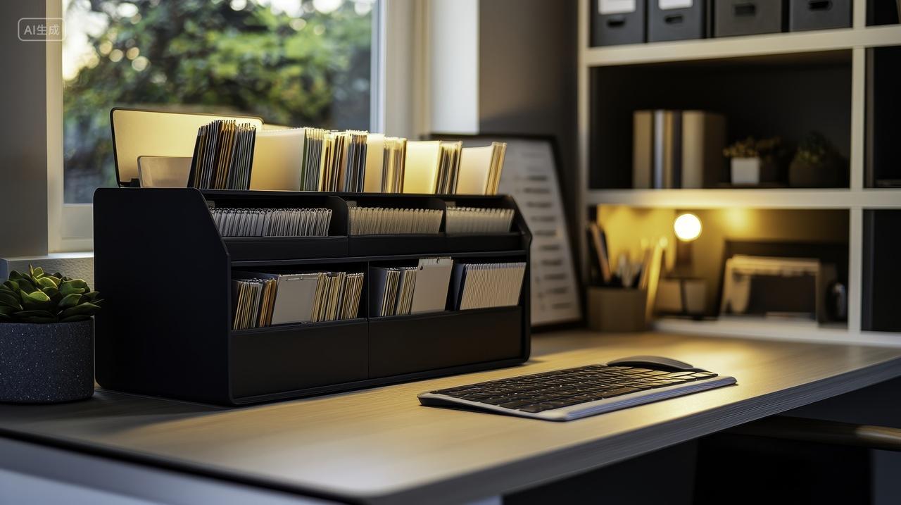 摆放着整齐文件资料的办工桌子无线键盘